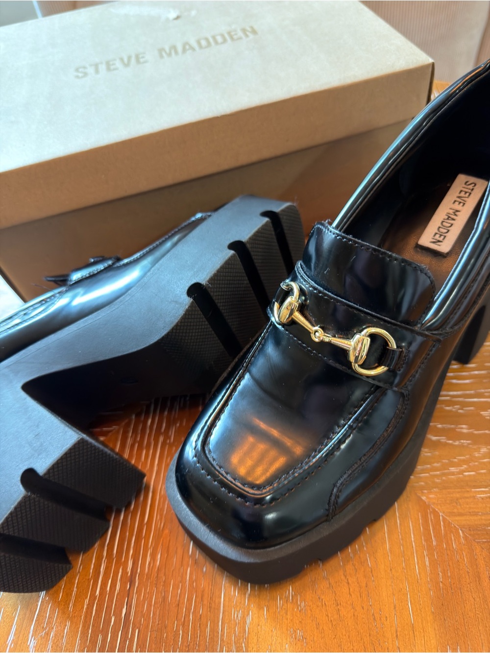Steve Madden Black Patent Platform Loafer with Gold Bit